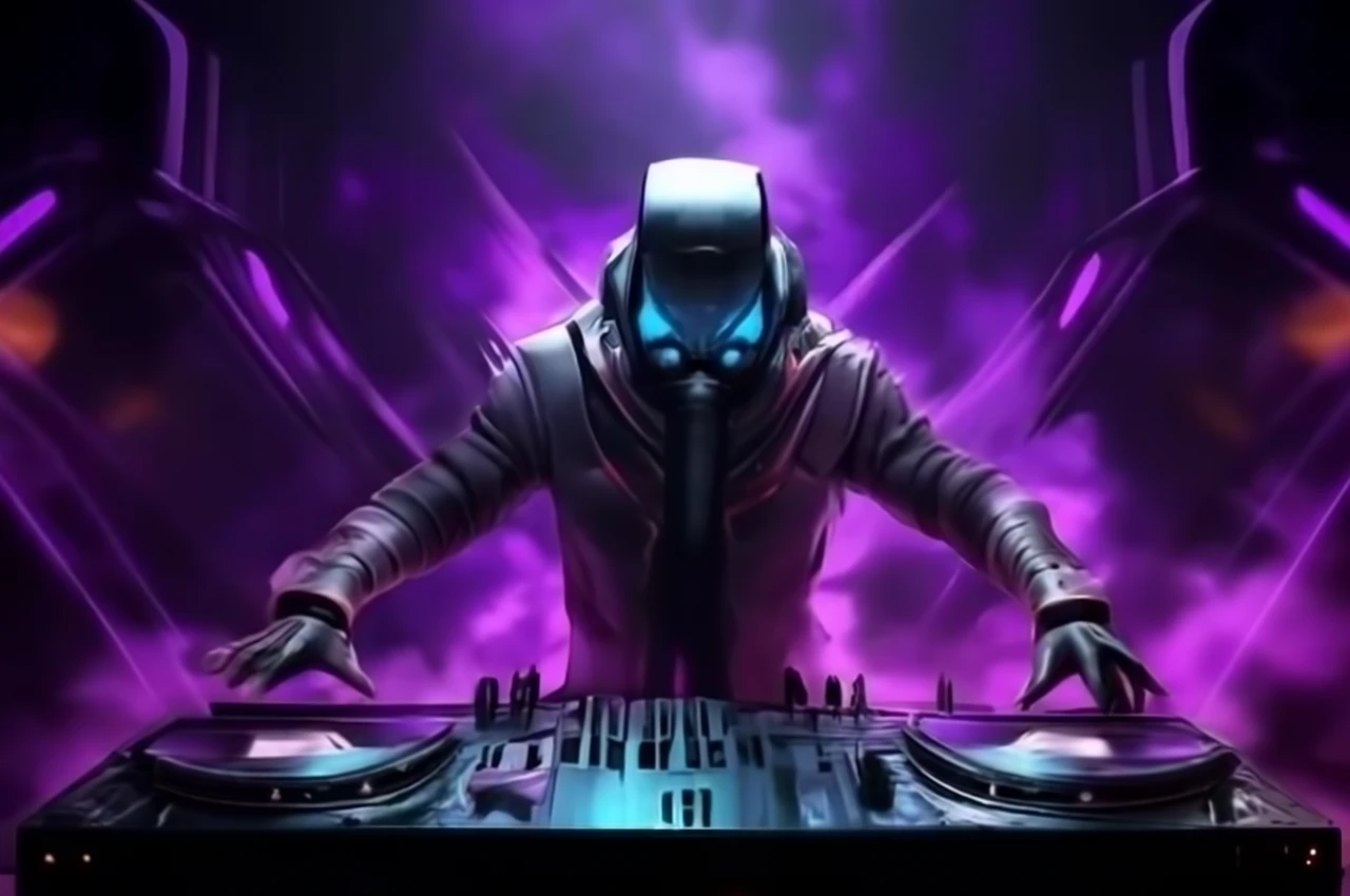 A futuristic scene showcasing a vibrant AI-powered music studio, glowing neon lights, holographic instruments, and a virtual DJ creating beats, set in a dark, ambient background.