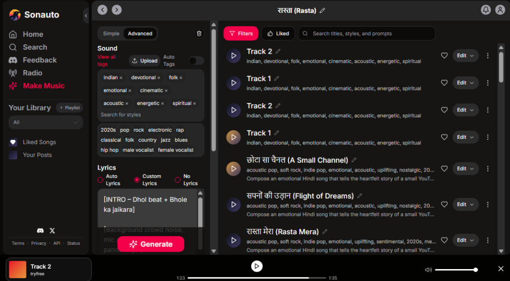 Sonauto AI’s Main Dashboard